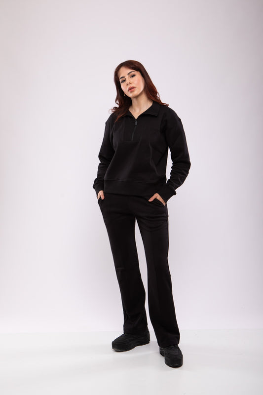 Ensemble Sweat-shirt Zippé & Pantalon Flare Jogging Femme