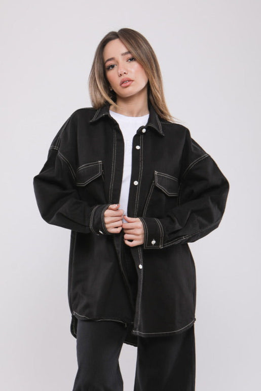 Chemise Oversize Noire à Surpiqûres