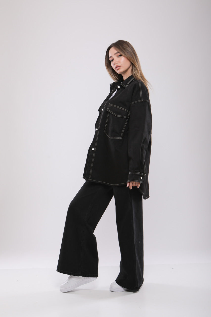 Chemise Oversize Noire à Surpiqûres