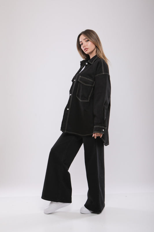 Chemise Oversize Noire à Surpiqûres