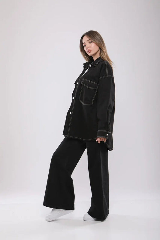 Chemise Oversize Noire à Surpiqûres Billiorich