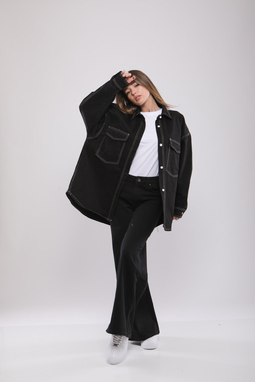 Chemise Oversize Noire à Surpiqûres