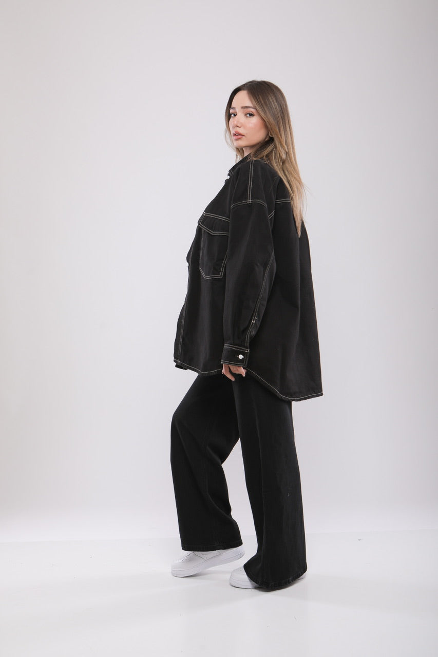 Chemise Oversize Noire à Surpiqûres