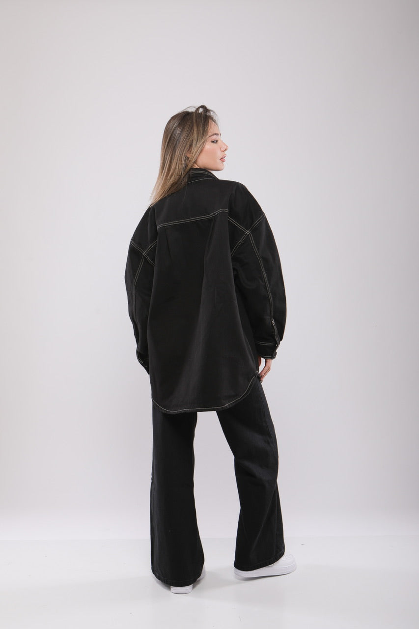 Chemise Oversize Noire à Surpiqûres