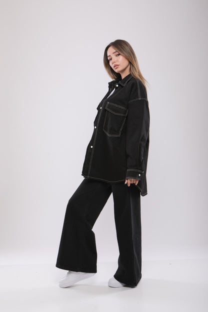 Chemise Oversize Noire à Surpiqûres