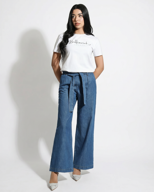 Pantalon large en denim avec ceinture à la taille